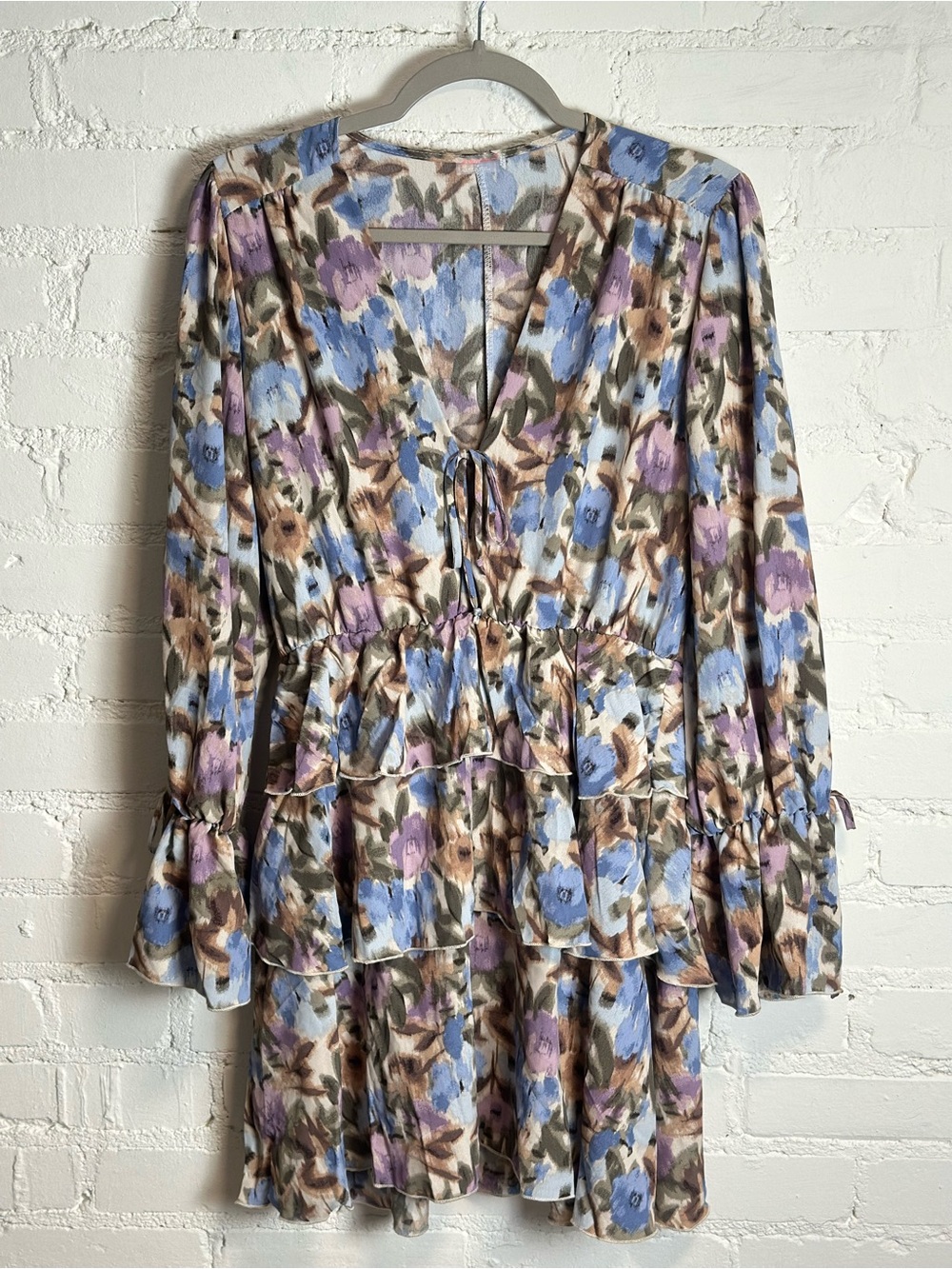 FP Boho Watercolor Floral Tiered V-Neck Ruffle Dress Bow Sleeve in Blue Lavender